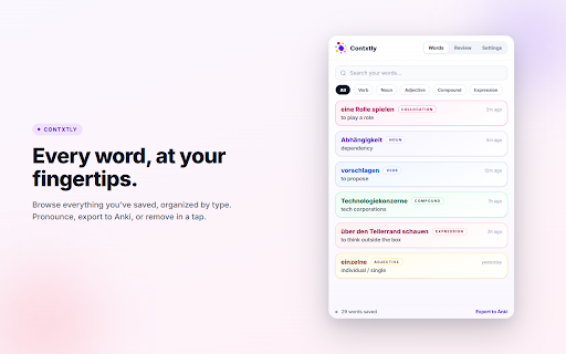 Contxtly :: Translate words in context as you browse. Save vocab and review with spaced repetition to learn languages naturally, all for free.