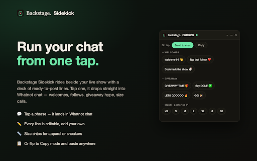 Backstage Sidekick: a Whatnot Mod Tool :: Free Whatnot moderator tools: one-tap chat phrases, sizes and emoji, a who-to-thank list for raids and tips, and prebid alerts.