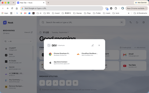 Nook — New Tab :: A calm new tab with bookmarks, smart shortcuts, and browser tools.