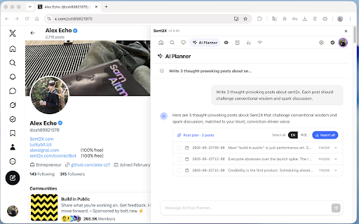 Sent2X for X :: X scheduler + AI replies on desktop. Find posts worth replying to, draft in X's own box. Free: 10 posts/mo.