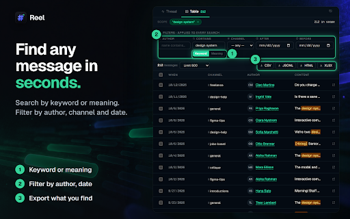 Reel - Discord AI Agent & Chat Exporter :: Ask AI about any Discord server inside Discord. 3 free questions. Discord chat export to Excel, CSV. Not affiliated with Discord.