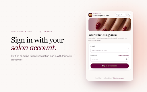 CutieCure Salon QuickDesk :: Nail salon appointments at a glance for CutieCure Salon: today's bookings, daily metrics, customer lookup and quick status updates.