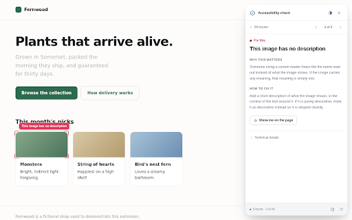 Live Accessibility Overlay :: Find accessibility problems on any page, in plain language: contrast, headings, alt text and keyboard order. Checked locally.
