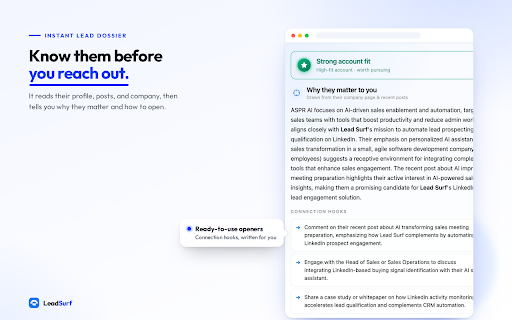 Lead Surf – Find & Engage Leads on LinkedIn :: Monitor LinkedIn for buyer signals. AI finds relevant leads and drafts your replies & connection notes. You send. No spam, no risk.