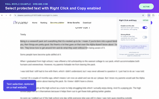 Right Click and Copy :: Enable right click, text selection, copying and dragging on blocked websites, with per-site controls and Strong Mode.