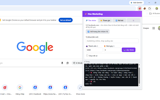 One Marketing :: Tìm nhóm, tự tham gia (AI trả lời câu hỏi) và rải bài lên nhóm Facebook — chạy trên trình duyệt thật của bạn.