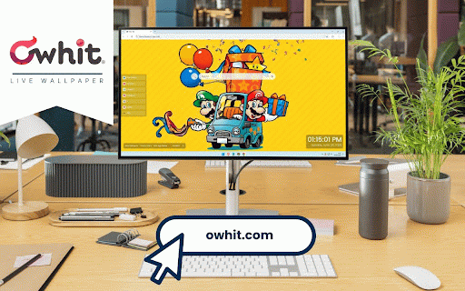 Mario & Luigi Live Wallpaper :: Mario & Luigi delivering gifts with colorful balloons on bright yellow festive background.