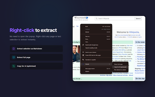 Decant — Send any page to Claude, ChatGPT & Gemini :: Extract any web page & send to Claude, ChatGPT or Gemini in one click. Clean Markdown, JSON, MCP bridge for AI agents & developers.