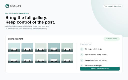 AutoRep HQ – Listing Assistant :: Turn public dealership vehicle pages into personalized, review-ready Marketplace listings.