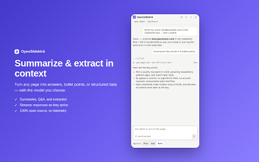 OpenSidekick — Bring-Your-Own-LLM Browser Agent :: Open-source AI assistant that reads and acts on web pages using any model you choose. Your keys stay in your browser.