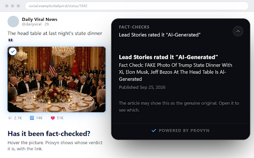 Provyn – Reverse Image Search, Fake Photo & Misinformation Fact-Checks :: Don't be fooled by misinformation. Hover any picture to see who took it, when, and any fact-checks, even of photos in screenshots.