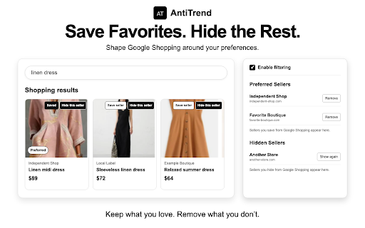 AntiTrend Filter :: Block fast fashion, sponsored results, and unwanted brands from Google Search and Shopping.