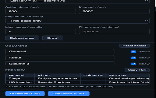 Quick Data Scraper :: Extract tables and lists from any page. Preview columns, paginate or scroll, export CSV/XLSX. All local in your browser.