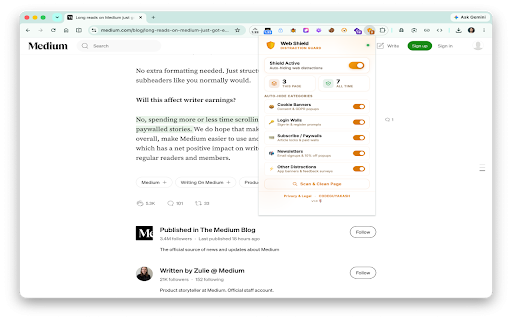 Web Shield :: Automatically hides cookie banners, login walls, paywalls, newsletters, ads, and annoying web distractions so you can browse clean.