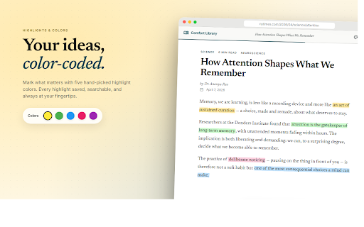 Comfort Library :: Reading mode with highlights, notes, and a knowledge dashboard. Clean content, understand better, organize everything.