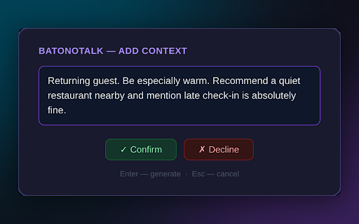 BatonoTalk :: AI reply assistant for hotel guest communication.
