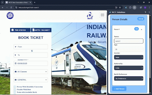 IRCTC TatkalMate :: Speed up Tatkal booking with smart autofill, one-click submission, and built-in ad blocker for a faster IRCTC experience.
