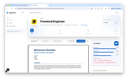 ApplyFast :: Tailor your CV to match job descriptions using AI. Apply fast and get hired faster with optimized resumes.