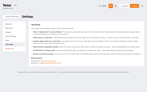 Temu+ Lite · Real Cost & Refund Tracker :: A clearer view of your Temu activity — spending, refunds, and savings.