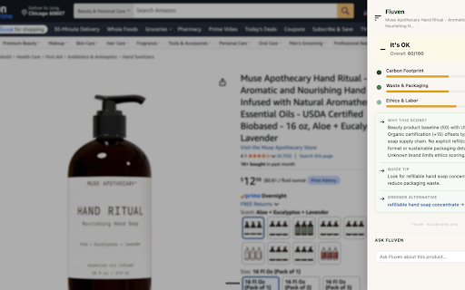 Fluven :: Sustainability intelligence for your shopping — scores Amazon products on carbon, waste, and ethics.
