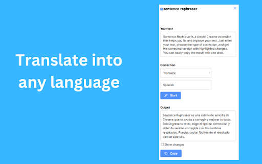SentenceFix - Sentence Rephraser, Grammar Corrector and Translator :: Rephrase sentences, correct grammar, improve style, shorten sentences or paragraphs or translate into more than 50 languages.