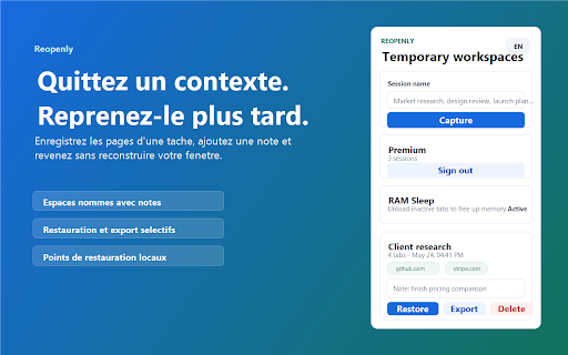 Reopenly :: Save browser workspaces and return exactly where you left off, with local restore points and a tab inbox.