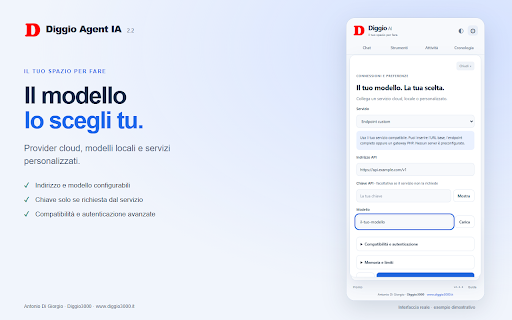 Diggio Agent IA :: Chat AI e agente browser con il tuo modello: procedure riutilizzabili, consumi e comandi autonomi o da approvare.