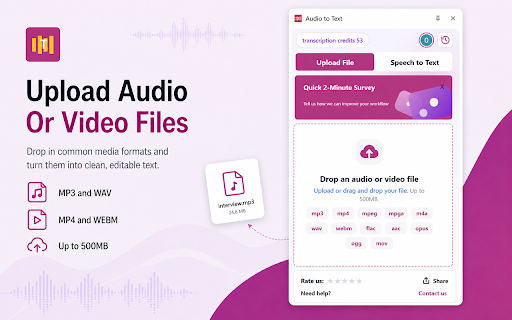 Transcribe Audio to Text Converter :: AI audio-to-text extension for transcribing files, browser tab audio, and microphone recordings.