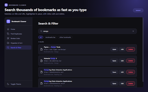 Bookmark Cleaner :: Find duplicates, broken links, organize and search all your bookmarks — fast and clean.