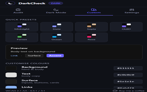 DarkCheck :: Convert any site to dark mode instantly. Audit text contrast against WCAG AA/AAA with one-click colour fix suggestions.