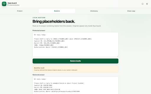Ruja Guard :: Protect sensitive text and create reviewed plain-text copies locally before sharing with AI.
