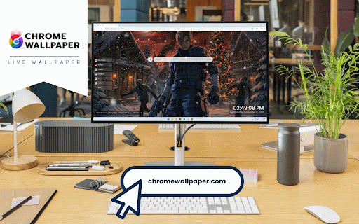 Resident Evil Christmas Live Wallpaper :: Leon Kennedy in tactical gear fighting zombies in snowy Christmas village setting.