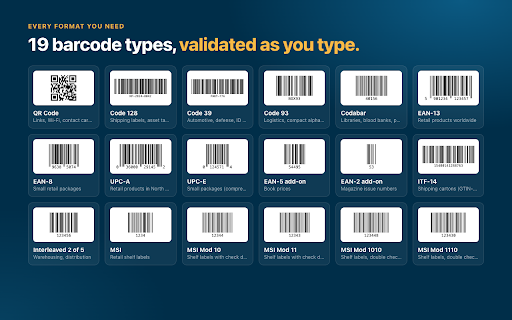 Free Barcode & QR Code Generator :: Free barcode & QR code generator: EAN-13, UPC, Code 128 & 16 more from any text or link. PNG/SVG export. Offline & private.