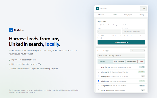LinkMitra — LinkedIn Outreach & Lead Gen :: Paced LinkedIn outreach with a live account-safety meter. Harvest leads, run connect sequences, stop before you get flagged.