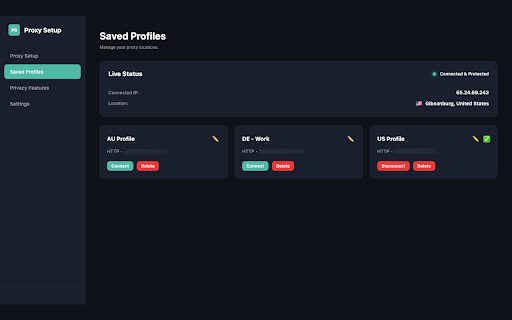 Proxy Setup - Proxy Manager & IP Changer :: Proxy Setup: Easy Proxy Switcher & Manager. Change IPs & Manage Profiles with privacy features for GPS, timezone, and WebRTC.