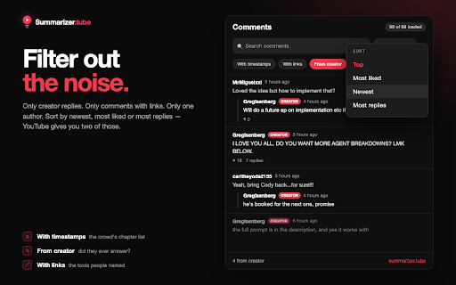 YouTube Comment Search — find any comment, filter and sort :: Search YouTube comments by text or author, filter by timestamps, links or creator, and jump to the moment. Free.