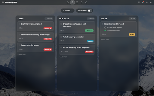 Focus+ by MDS :: Opens Focus+ in every new tab, and keeps your focus timer running after you close it.