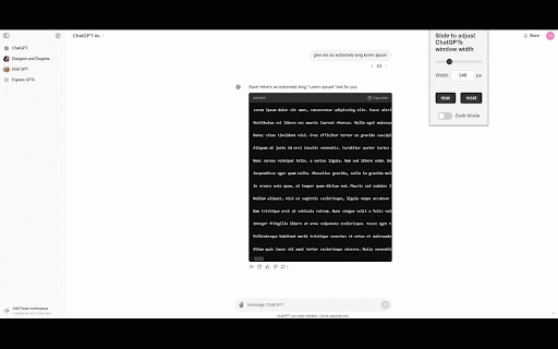 Larger ChatGPT Interactive Window :: Dynamically change and maximize the width of ChatGPTs interactive window. Override default text colour to fix darkmode settings