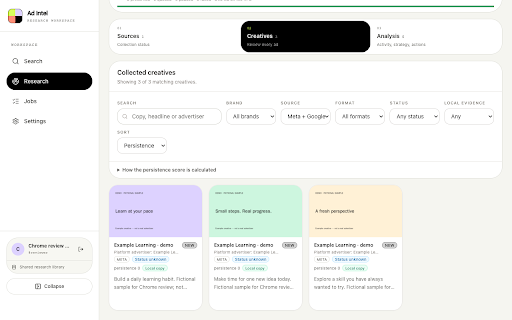 Ad Intel Browser Collector :: Collect public Meta and Google ads through your browser and save them to your Ad Intel workspace.
