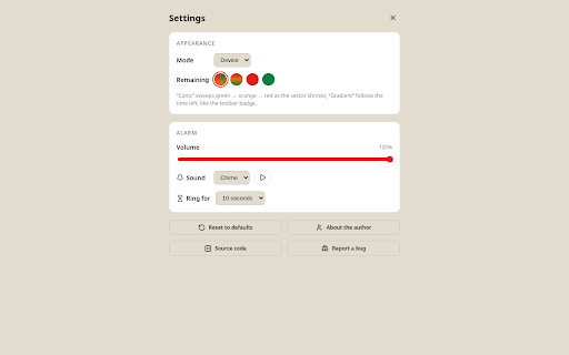 1-click timer :: One-click countdown timer: click the dial to start, watch the minutes left on the toolbar badge, and get notified when time is up.