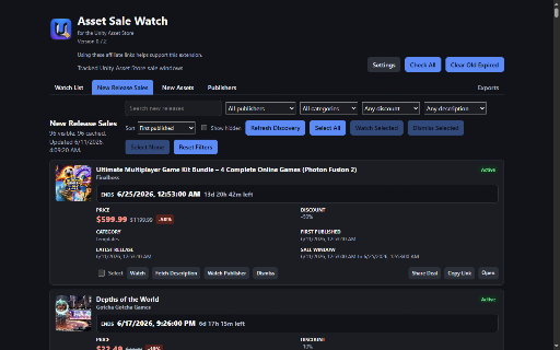 Asset Sale Watch - Unity Asset Store Deals :: Sale alerts and deal tracking for the Unity Asset Store. Watch assets and publishers, never miss a sale - 100% local.