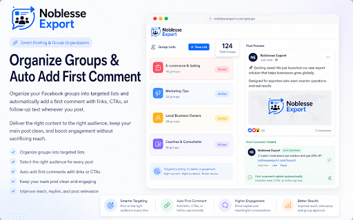 Noblesse Export - AI Automation for FB Groups :: Automate Facebook Group posting with AI tools, smart scheduling, bulk publishing, analytics, and safer workflow controls.