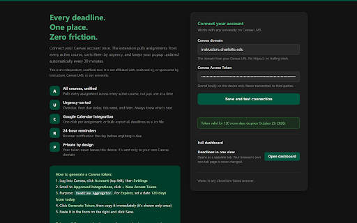 Canvas Deadline Aggregator :: See every Canvas assignment deadline in one place, sorted by urgency, with one-click Google Calendar links and reminders.
