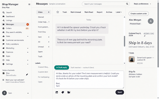 Moustor :: Draft AI replies to Etsy messages using your shop's products, knowledge and rules. You review, edit and send every reply.