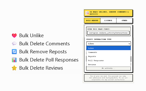 IG Mass Unlikes, Remove Comments & Reposts :: Bulk unlike posts, delete comments, remove reposts, story replies, and reviews on Instagram in one click.