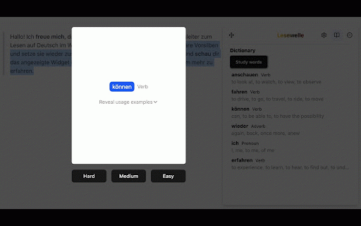 German Translator & Flashcards - Lesewelle :: German translator that gets separable & reflexive verbs right. Click any word for definitions, save and drill with flashcards.