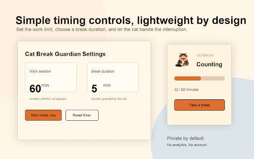 Cat Break Guardian :: A lightweight break timer. When browser use runs long, a cat walks in and guards the screen until you rest.