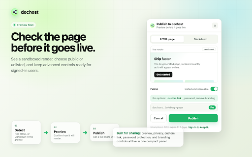 Publish to dochost :: One-click publish of AI-generated HTML and Markdown as a live, shareable web page — no copy-paste, no hosting setup.