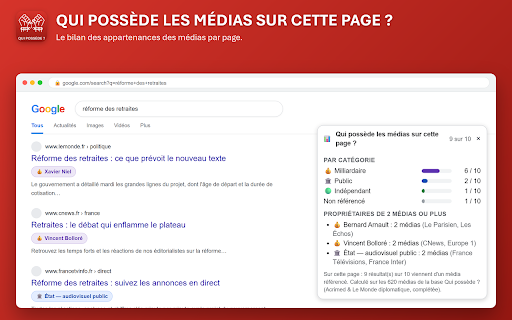 Qui possède ? - affichez les propriétaires :: Voyez qui possède vos médias dans vos recherches Web, 7 moteurs de recherche compatibles.