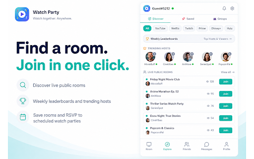Watch Party: Sync Video, Chat & Call :: Watch Netflix, YouTube & Twitch together in sync with friends — free group video calls, live chat & reactions on any site.